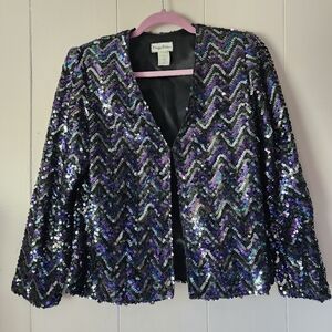 Vintage Flagg Petites Sequin Jacket M Black Purple Party Disco Glam Blazer